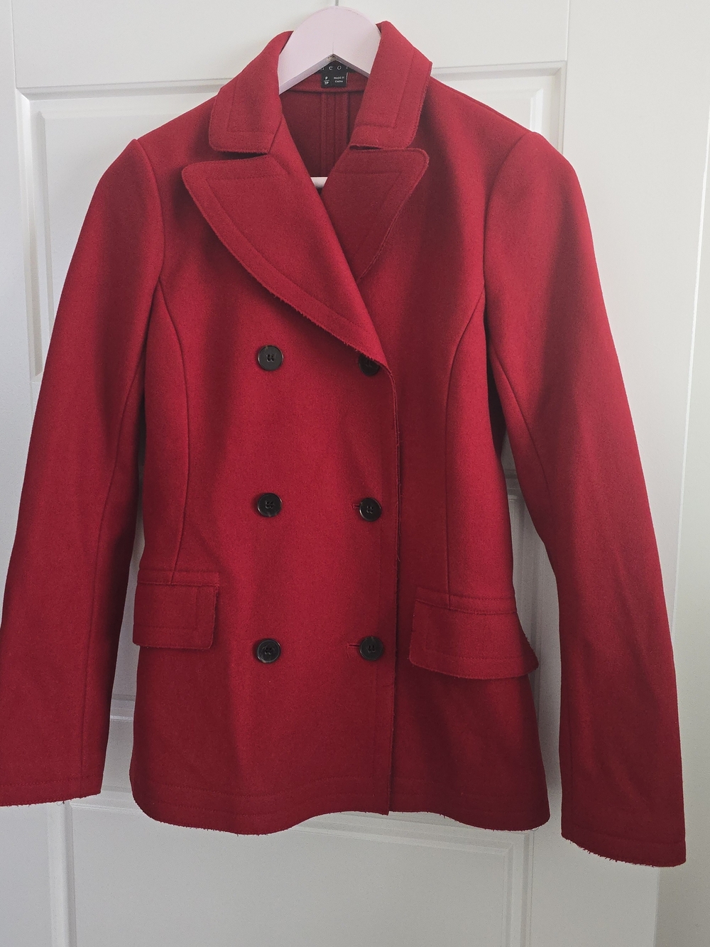 Theory Dorima Red Wool Cashmere Double Breasted Raw Edge Pea Coat Jacket